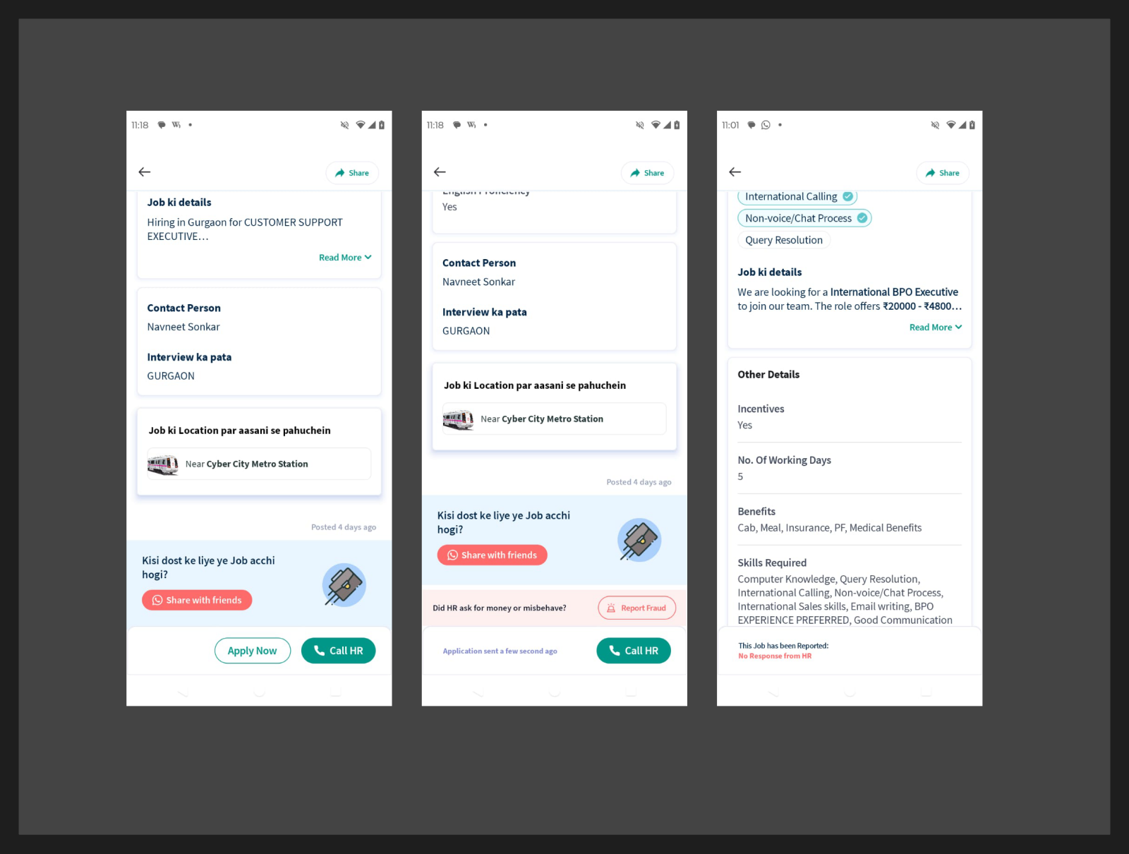 Three Job Hai screens: job listing detail (no report button), same listing after applying (Report Fraud button appears), and a reported listing showing 'No Response from HR'.
