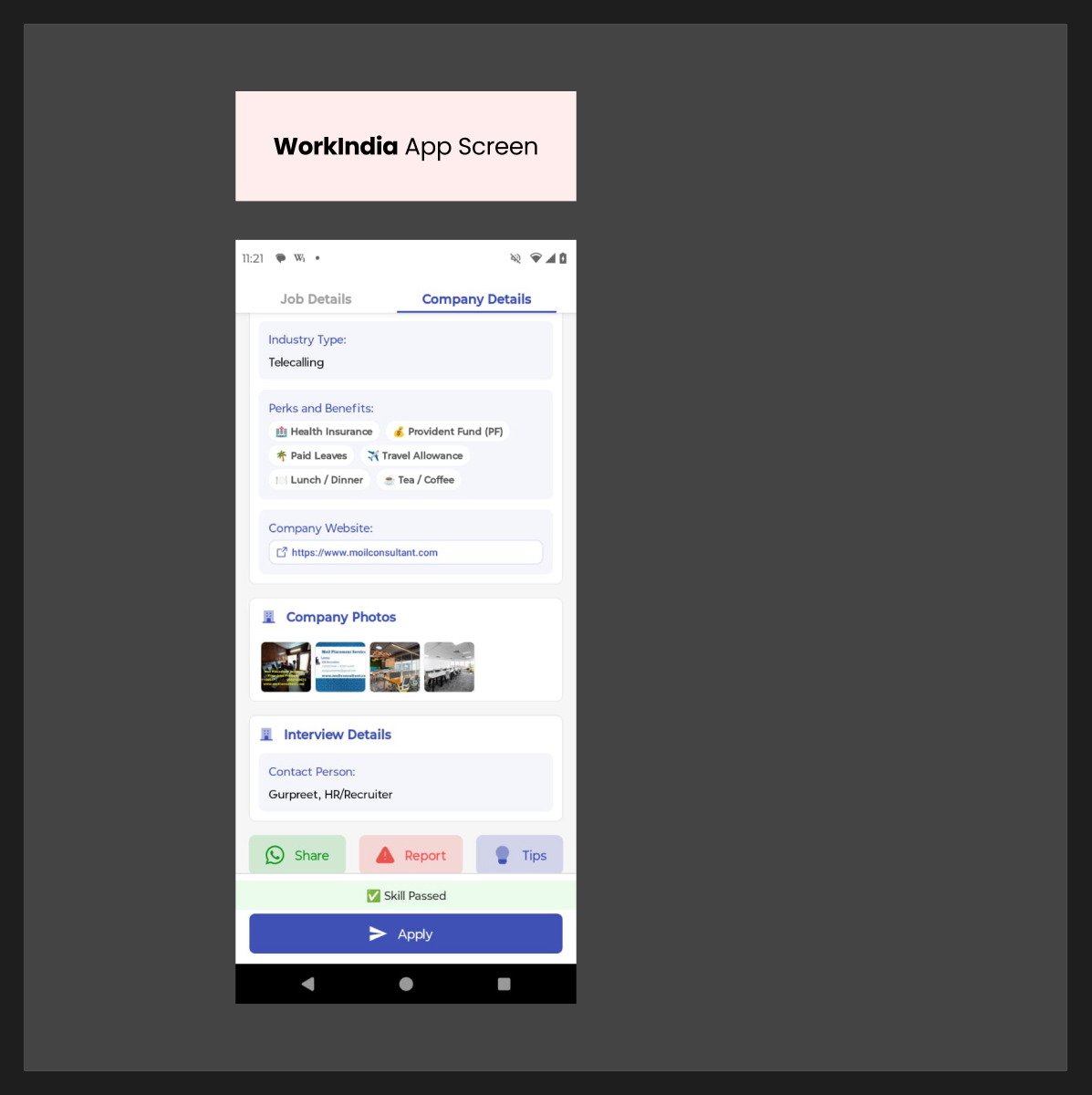 WorkIndia app screen showing job details with a persistent bottom bar containing Share, Report, and Tips buttons — all equally visible.